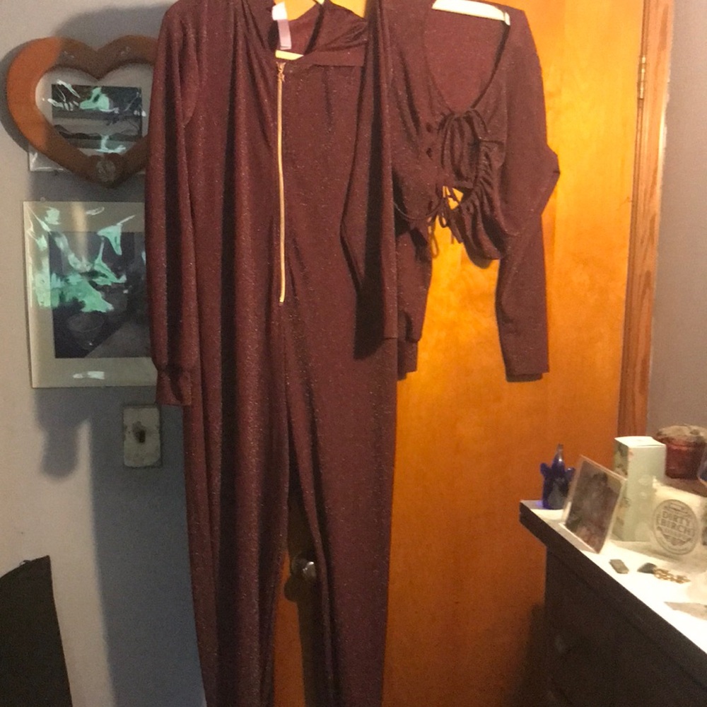 Women's Burgundy Sparkle Zip-Front Jumpsuit